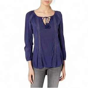 NEU! Lucky Brand blaue Bauernbluse mit Ösenborte und Quaste Größe 3X - Bild 1 von 11
