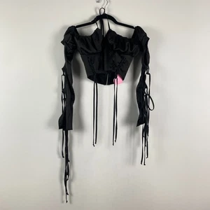 Sugar Thrillz Dolls Kill Black crop top manica lunga taglia M stringato raso gotico - Foto 1 di 11
