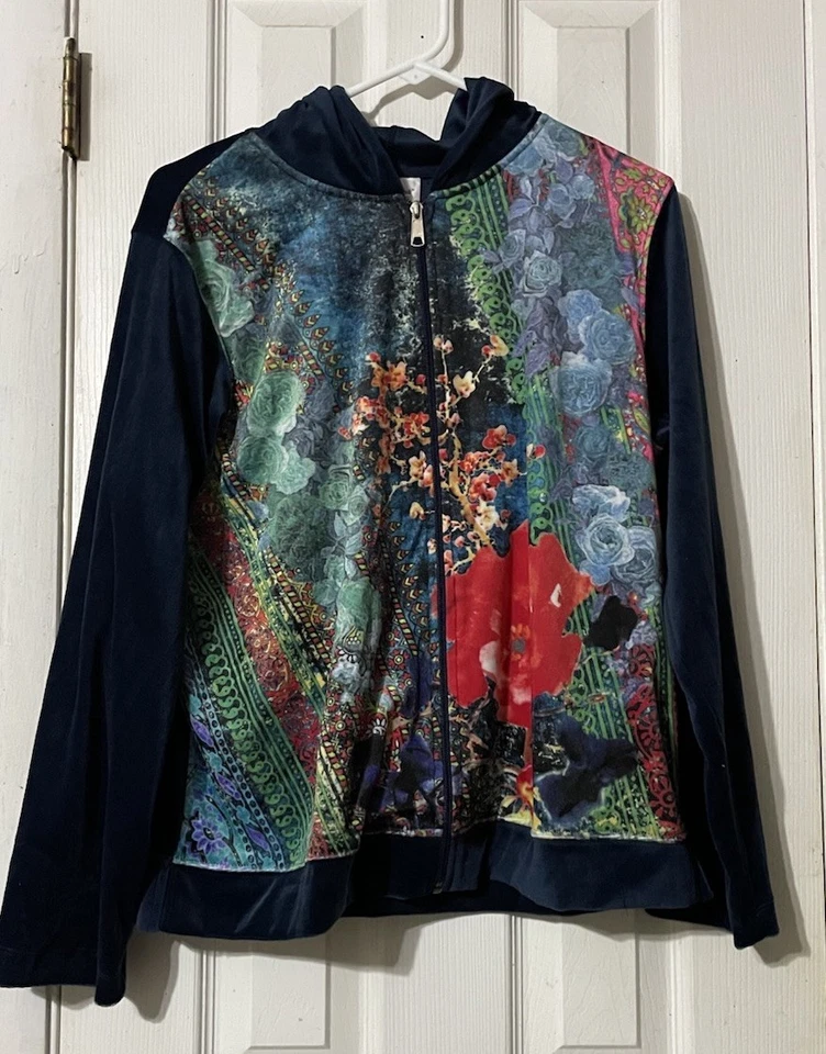 Coldwater Creek Sudadera con Capucha Grande Terciopelo Manga Larga Azul Con Frente Floral Foto 1 de 4