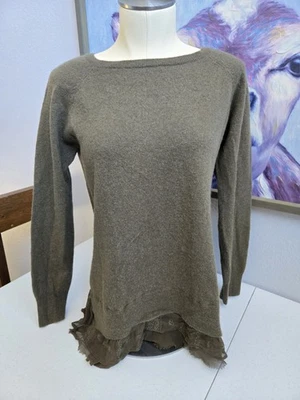 Garnet Hill Women's S Green 100% Cashmere Lace Chiffon Ruffle LS Knit Sweater - Image 1 of 4