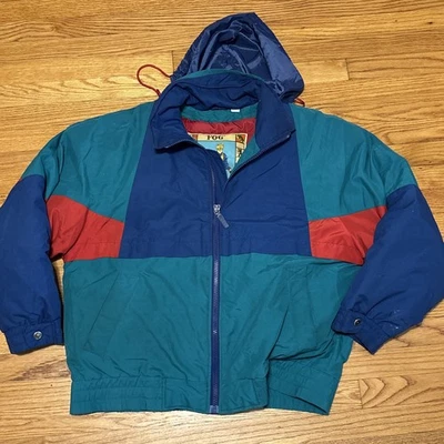 Vintage Retro London Fog Lined Hood Color Block Puffer Jacket L Long Retro 90s - Image 1 of 4