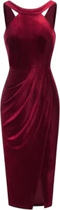Halter Neck Draped Back Sleeveless Ruched Bodycon Slit Velvet Wrap Party Red 2XL - Picture 1 of 7