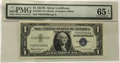 1957 B PMG 65 Gem Uncirculated EPQ $1 One Dollar Silver Certificate Note Bill - Image 1 of 2