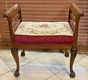 Antique Victorian Mahogany Bench Sleigh Carved Paw Lion Feet Needlepoint - Picture 1 of 11