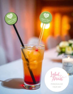 PERSONALISED Heart Wedding Favour Clear Cocktail Stirrers Swizzle pack of 12 - Picture 1 of 3
