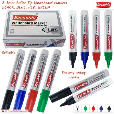 REYNOLDS 2-3mm Bullet Tip Dry Erase BLACK BLUE RED GREEN Whiteboard Marker Pens