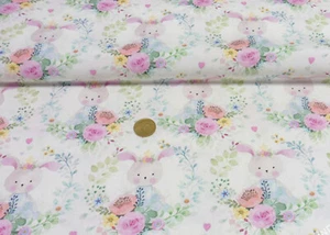 Girls Medaillon Hilco ecru Baumwoll-Stretch-Jersey Häschen und Blumen Vintage - Bild 1 von 1