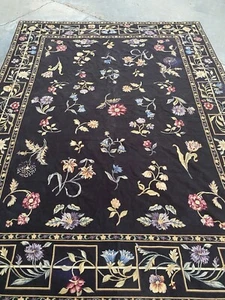 103"x138" Schwarz Land Französisch Blumen Handgeknüpft Wolle Nadelspitze Teppich LESEN - Bild 1 von 12