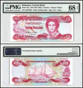 Bahamas 3 Dollars, L.1974 (1984 ND), P-44, PMG 68 - Picture 1 of 1