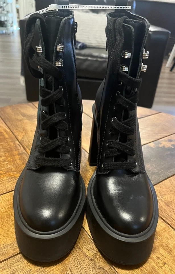 Gianni Bini Suzie Mujer Cuero Encaje/Gancho Cremallera Lateral Tacón Bloque Botas, Negras 7M Foto 1 de 4