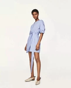 NWT Zara Z1975 Denim Size Large 100% Cotton Short Sleeve Tunic Dress With Belt - Picture 1 of 12