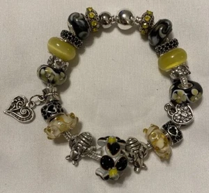 European Charm Bracelet Murano Glass Yellow Black Hearts Flowers Bumble Bees - Picture 1 of 5