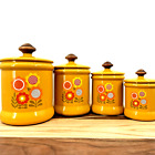 4 Piece Vintage West Bend Yellow Flower Pattern Round Tin Canister Set w/ Lids