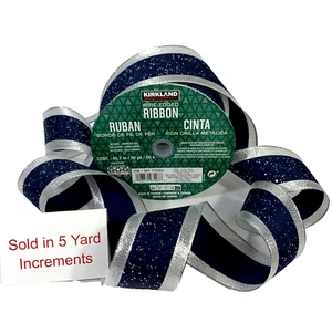 Kirkland Wire Edged Ribbon Navy Blue Silver 5 Yards Christmas Wedding Gifts 2.5" - Picture 1 of 24