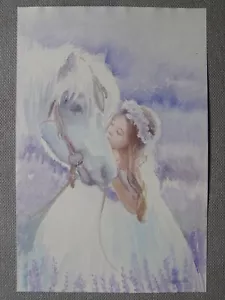 Pferd MÄDCHEN Porträt Original Aquarell Acryl Malerei Kunst von ukrainischem Künstler - Bild 1 von 2