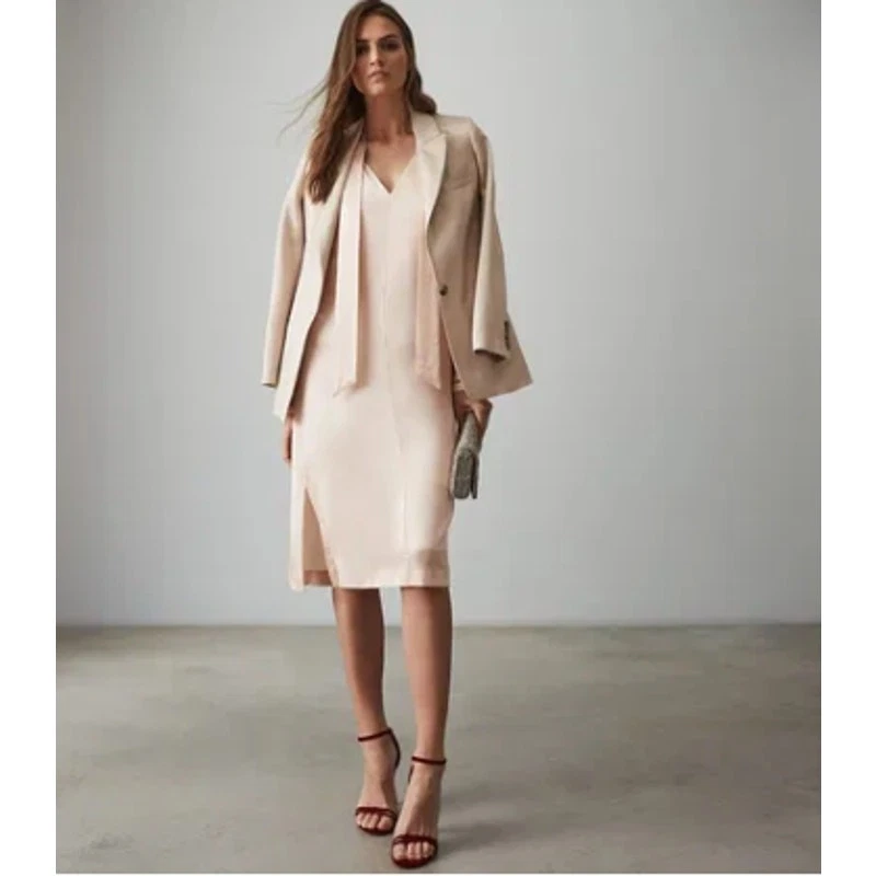 REISS Ray Satin Long Line Midi Shirt Dress Blush Pink Peachy Tie Neck Women's 6 - Image 1 of 4