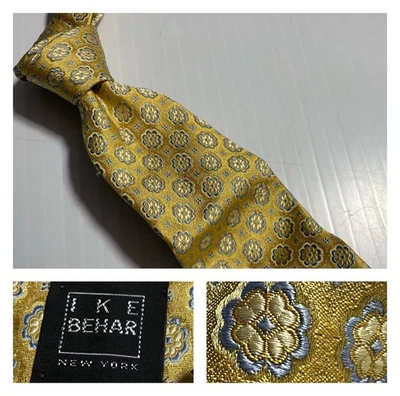 Corbata IKE BEHAR Jacquard Amarillo Tejido Azul Flores Seda A Mano EE. UU. Foto 1 de 4