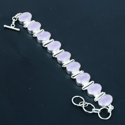 Bracciale Calcedonio Rosa Argento Sterling 925 Gioielli Ovali Gemme 8" VJ 779 - Immagine 1 di 4