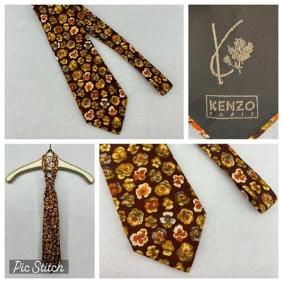 Kenzo Paris 100% Silk Tie Made in Italy Brown Floral Vintage Necktie Retro 90s - Image 1 of 4
