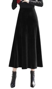 Women's Vintage Velvet High Waist Winter Thicken Pleated A-Line Swing Maxi Skirt - Picture 1 of 3