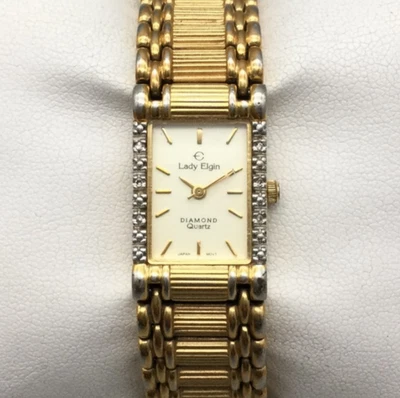 Vintage Lady Elgin Diamond Tank Watch Women 17mm Gold Tone New Battery 7.75" - Image 1 of 4