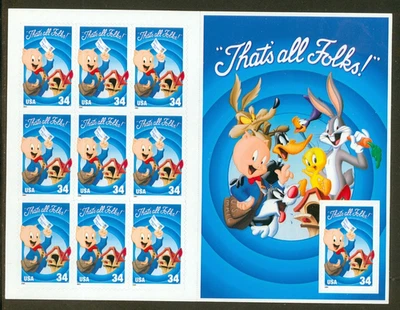 US 3535c Porky Pig, That's All Folks, Pane/9, Pane/1 no die cutting,  Mint NH, - Image 1 of 2