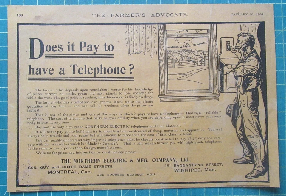 1908 Canadian Northern Electric print ad Does it pay to have a telephone? - Image 1 of 1