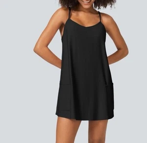 NWT Halara Black Racerback Built In Bra Mini Slip Active Dress Med Softlyzero - Picture 1 of 9