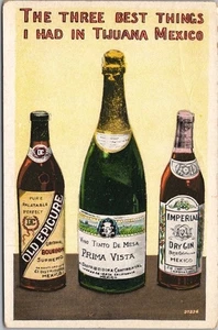 Cómic de alcohol de TIJUANA, México de la década de 1920 postal "3 mejores cosas" vino ginebra bourbon - Imagen 1 de 2