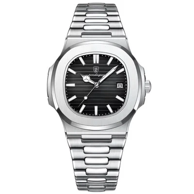 ⚫️ - Orologio Poedagar Quarzo Uomo Elegante Acciaio Quadrante Quadrato Data Nero - Immagine 1 di 4