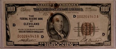 1929 $100 Federal Reserve Bank Of Cleveland Ohio, Serial Number D00264943 A - Image 1 of 2