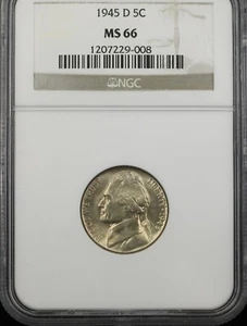 1945-D JEFFERSON WAR NICKEL 5C NGC MS66 - SILVER WAR NICKEL (P0564) - Picture 1 of 2