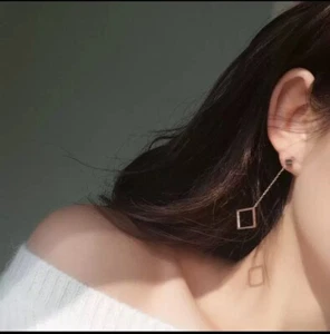 Elegant Rose Gold Plated Long Chain Earrings W/Square Pendant-3.54” Unique Women - Picture 1 of 6