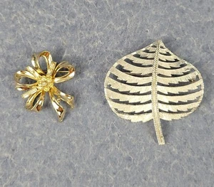 2 Corocraft Brooches 1930-50 Jewelry Gold Bow Knot Crystal & Silver Leaf Marked - Picture 1 of 16