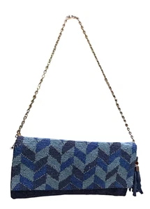 Chico's Clutch Bag Shoulder Chain Tones of Blue Glass Beads Zip Magnetic Closure - Picture 1 of 7