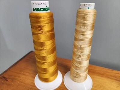 Pair Madeira Embroidery Thread Cones Rayon 1025 & 1270 Gold Yellow 40 wt 5500m - Image 1 of 4