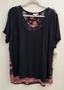 True Self Black V-Neck Floral Short Sleeve Pullover Plus Size Blouse sz 2X New - Picture 1 of 9