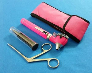 PINK MINI FIBER OPTIC Otoscope LED Diagnostic+Alligator ENT EAR NOSE forceps KIT - Picture 1 of 7