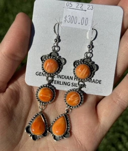 Orecchini Fatti a Mano Argento Sterling 925 Arancione Spinoso Ostrica Navajo Firmati - Foto 1 di 12