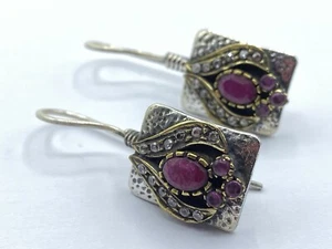 Beautiful Gold On Sterling Silver Ruby & White Topaz Drop Dangle Earrings - Picture 1 of 8