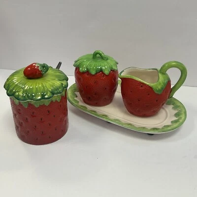 Jalea/mermelada de fresa de cerámica Mann 1995 de colección 7 piezas - tarro de azúcar - crema - plato Foto 1 de 4