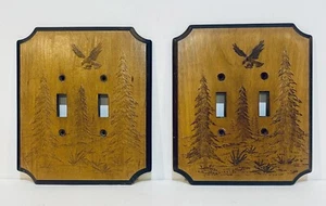 Lot Of 2 Vintage Wood Embossed Eagle Switch Plate Cover 2 Gang Cabin Rustic - Picture 1 of 6
