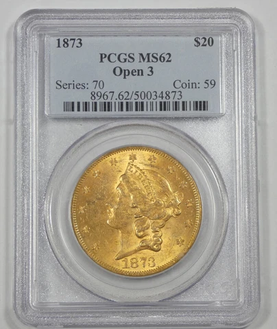1873 Open 3 GOLD Liberty Head $20 Double Eagle CERTIFIED PCGS MS 62 Cover