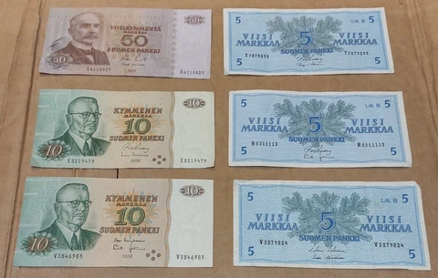 Finland 50 Markkaa 1977, 2-10 suomen  pankki 1980 and 3-5 suomen pankki 1963 Cover