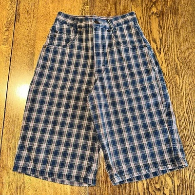 VTG 90s Arizona Wide Leg Jean Shorts 14 Plaid Rigid Jort Big Pocket Grunge Skate - Image 1 of 4