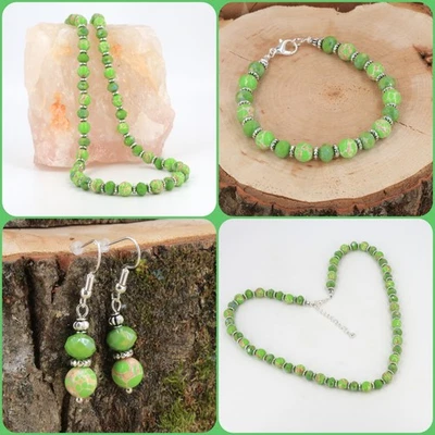 Conjunto de pendientes pulsera collar cristal cristal opaco jaspe imperial verde Foto 1 de 4