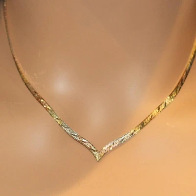 14k Multi Tone Gold Herringbone V- Point Chain Necklace 16 Inches - Image 1 of 4