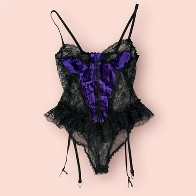 Vtg Purple Nylon Black Lace Teddy Romper Sissy Medium Vamp Goth Ruffle High Cut - Image 1 of 4