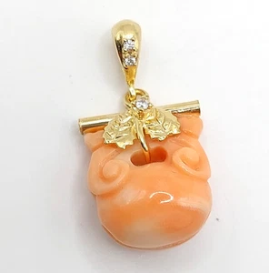 Hand Carved Coral Amulet Pendant Feng Shui Gold-Plated Silver Floral Zirconia - Picture 1 of 8