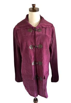 NUEVO Denim & Co. Talla L De Colección Pana Tejida Borgoña Chaqueta Suéter Botones Palanca Foto 1 de 4